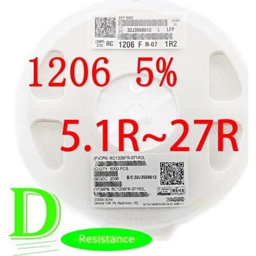 100PCS SMD Resistor 1206 5% RC1206JR-07 Series 5.1R 5.6R 6.2R 6.8R 7.5R 8.2R 9.1R 10R 11R 12R 13R 15R 16R 18R 20R 22R 24R 27R