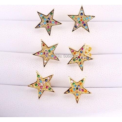 6 Pairs, Gold Color Star Earring Micro Pave Rainbow CZ Zircon Stud Earrings For Women Girl Jewelry