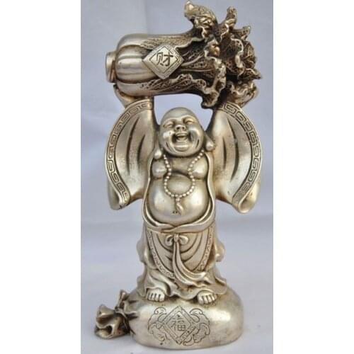 8.66 inch/Chinese hand-carved Tibetan silver Maitreya Buddha the cabbage Statue