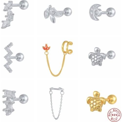 GS 925 Sterling Silver White Cubic Zirconia Leaf Branch Stud Earrings For Women Moon Shape Wave Line Chain Ear Studs Jewelry