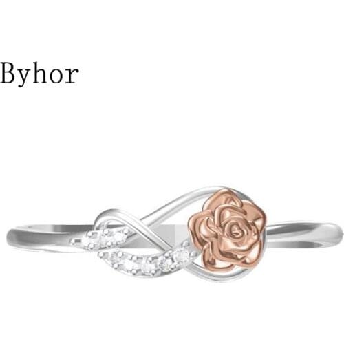 Byhor Solid 14K White+Rose Gold 0.032ct H/SI Natural Diamonds ring Women Engagement gift кольца Wedding band trendy Flower ring