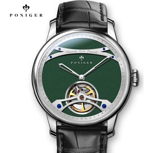 PONIGER Luxury Men Skeleton Watches Unique Green Dial Seagull Movement Automatic Mechanical Watch Sapphire Waterproof Men Watch