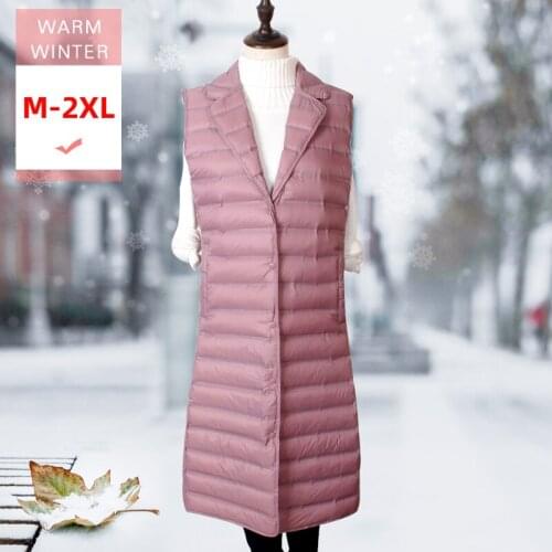 Long Autumn Winter White Duck Down Vest Turn-Down Collar Female Ultra Light Slim Thin Sleeveless Coat Covered Button Waistcoat