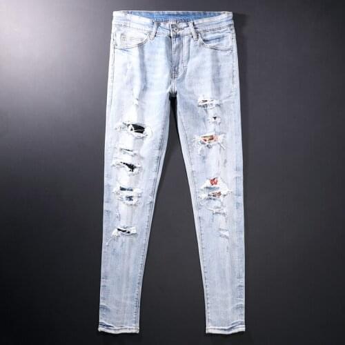 American Street Fashion Men Jeans Retro Light Blue Elastic Slim Fit Ripped Jeans Men Patches Designer Hip Hop Denim Punk Pants