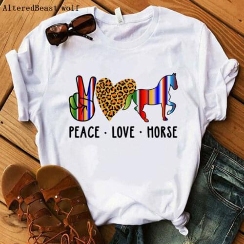 Peace Love Horses print women T-Shirts 2021 Horse t shirt casual cartoon hipster funny tshirt female white clothes women Tops