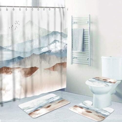 Hot Fashion Resistant Waterproof Fog Landscape With Mountain 3d Print Bath Shower Curtains With Bathroom Rugs Set Washable