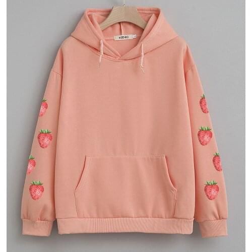 Kawaii Hoodie Strawberry Cotton Casual Pullover Aesthetic Clothes Oversized Cute Sweetshirt for Girls Harajuku Kpop Fashion Tops