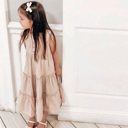 Girls Linen Dress Pleated Princess Dress Sleeveless Solid Color A-line Dresses 2020 Summer Wedding Party Flower Girl Dresses