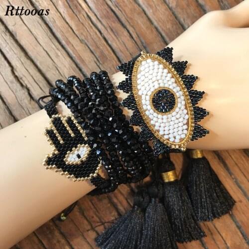 Rttooas Fashion Handmade MIYUKI Beads Bracelet Set Women Girls Evil Eye Lucky Bracelet Crystal Hamsa Fatima Friendship Bracelet