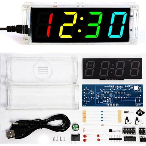 Diy electronic clock kit 4 digital tube multicolor LED time week temperature date display with clear case cover diy sodering kit