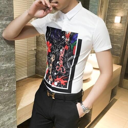 New Summer night wind big cock printing shirt sleeves shirt and white mens personality 1642P50