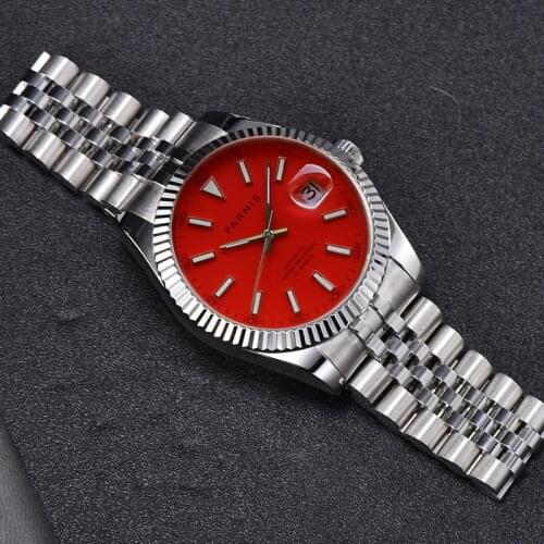 New Parnis 39.5mm Red Dial Mens Watches Calendar Miyota 8215 Movement Automatic Mechanical Men Wristwatch 2020 Top Luxury Brand