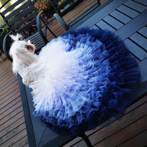 Free Shipping Handmade Dog Clothes Dog Princess Dress Lace Vast Ocean Blue Gradient Tulle Skirt Chapel Train Pet Trailing Gown