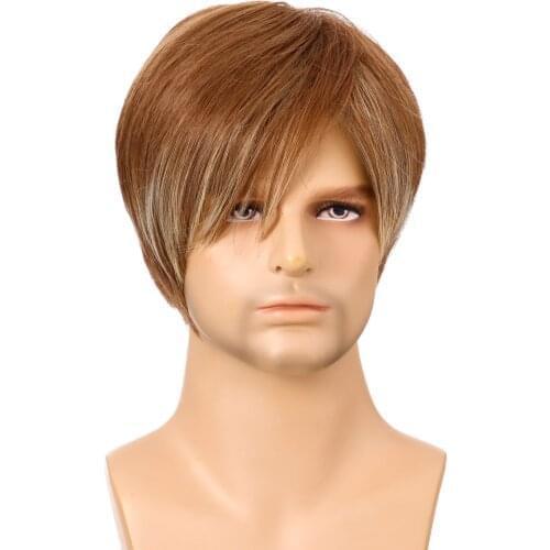 Wigs for men Synthetic Short Straight Hair With Bangs Natural Blonde Mixed Wigs Daily Cosplay Heat Resistant Fiber Wigs