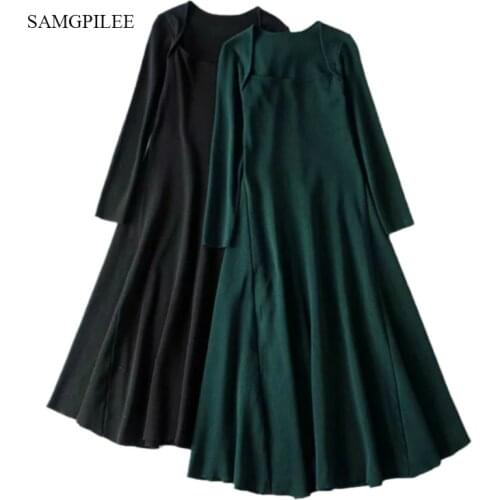 Samgpilee Sexy Side Split Square Collar Long Sleeve Spring Dress Women Knitted Bodycon Party Clubwear Knee Length Dresses 2020
