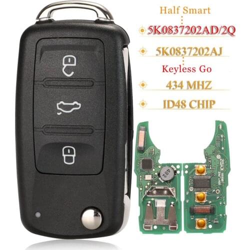 Kutery 3 Buttons Remote Car Key Fob 434Mhz ID48 For VW Caddy Eos Golf Jetta Beetle Polo Tiguan Touran 5K0837202AD 5K0837202AJ