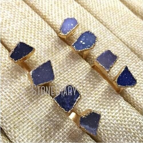 RM931 5Pcs Cheap Agates Druzy Ring Double Pure Gold Color Free Form Ring Adjustable