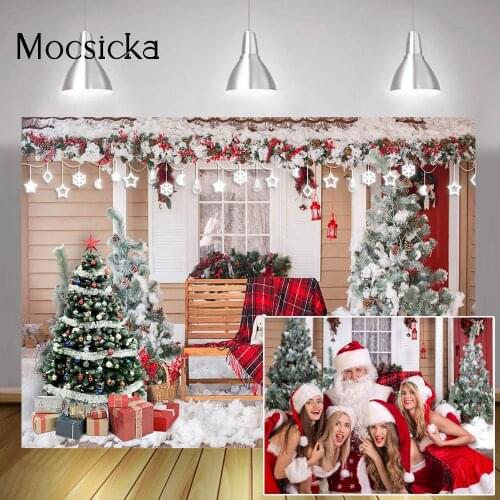 Christmas Wooden House Backdrop Decorations Winter Snow Newborn Adult Portrait Background Gift Christmas Tree Family Party Props