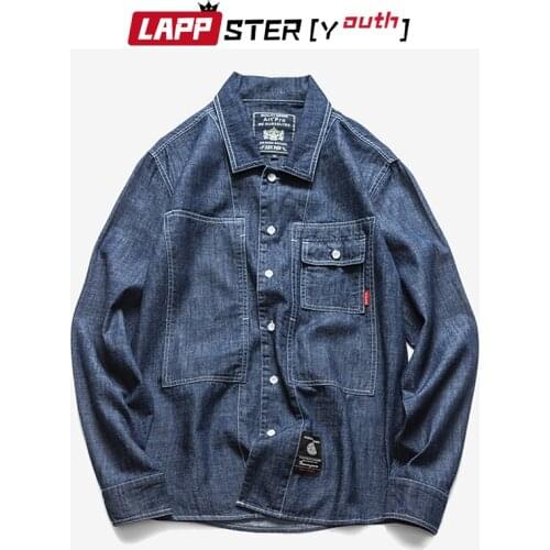 LAPPSTER-Youth Men harajuku denim shirts 2020 male harajuku vintage jeans shirts male designer spring korean hip hop clothing