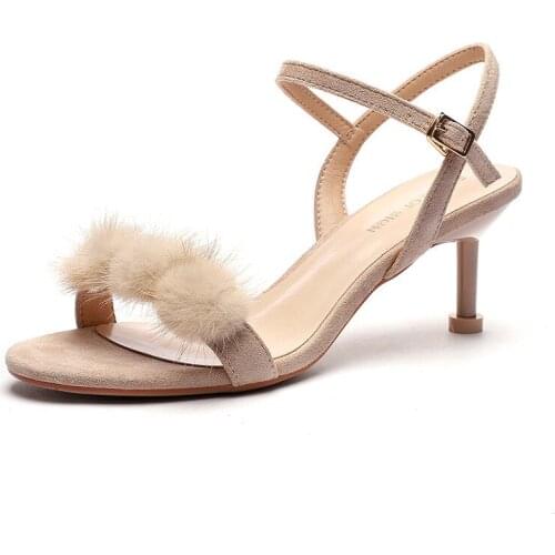 Fashion Women Sandals For 2019 Breathable Buckle Flock Buckle Strap Thin Heels Round Toe Word band Summer Women Sandals