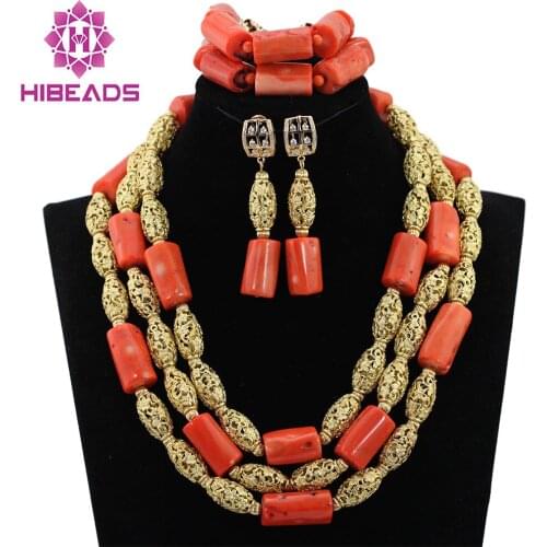 Fabulous Dubai Gold Wedding Statement Necklace Set African Bridal Coral Beads Jewelry Set Nigerian Wedding Free Shipping CNR549