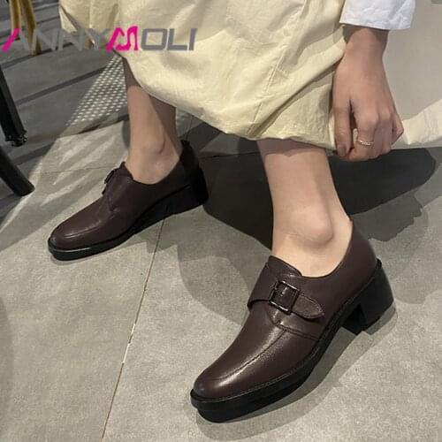 ANNYMOLI Women Pumps Natural Genuine Leather Med Heels Dress Shoes Buckle Chunky Heel Shoes Fashion Female Footwear Spring Brown
