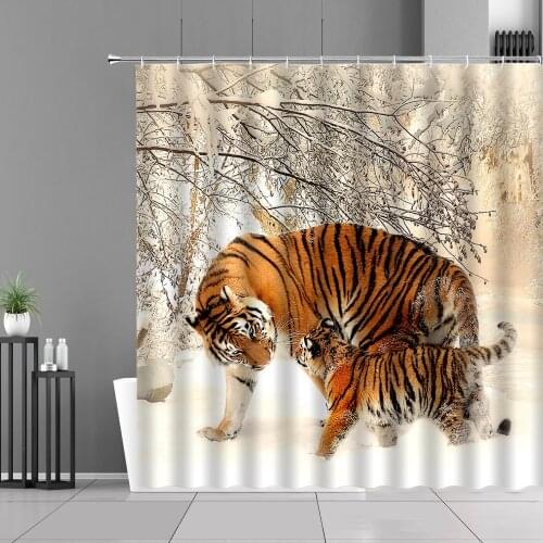 Wildlife Tiger Shower Curtain Parent Child Tigers Wild Animal Snow Scenery Pattern Bathroom Curtains Waterproof Home Decor Cloth