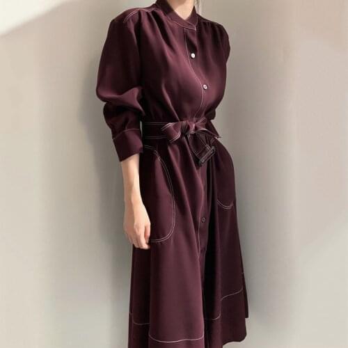 ZCSMLL Korea Minimalism Elegant Stand-up Collar Single-breasted Loose Tie Windbreaker Dress Long Sleeve Fashion Vestidos