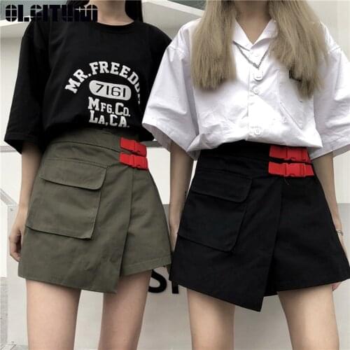 Womens Street Leisure Couple Trendy Irregular Shorts Women Solid Ladies Harajuku BF A-Line Cargo Short Large Pocket Korean PT346