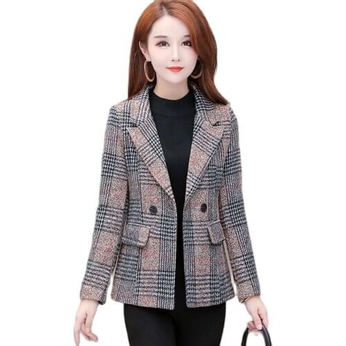 Plaid Woolen Suit Jacket Female Slim 2021 Spring New Womens Coat Short Suit Small Wool Overcoat Double Breasted Casual Jacket