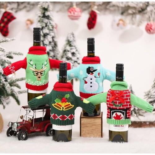 1pcs Christmas Knitted Clothes Wine Bottle Bag Snowman Elk Champagne Bottle Cover Restaurant Holiday Decorations