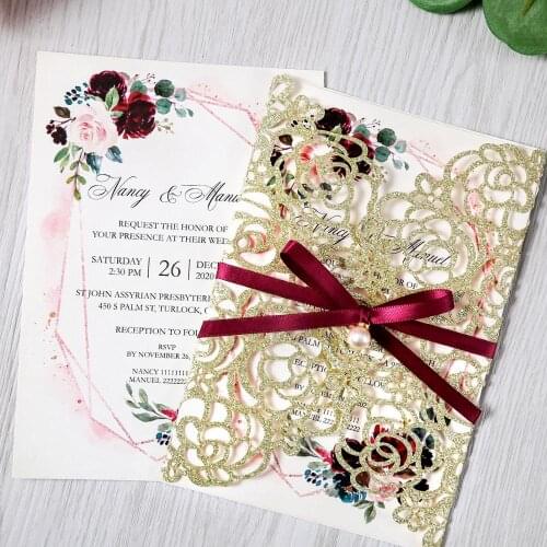 100pcs Gold Glitter Cut Floral Invitation Cards for Wedding / Party / Quinceanera / Anniversary / Birthday, CW0024