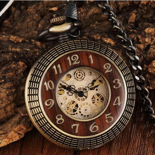 Hot sale Box Package Wood Mechanical Pocket Watch FOB Chain Locket Dial Steampunk Hollow Skeleton Men Women Mens Male Watches