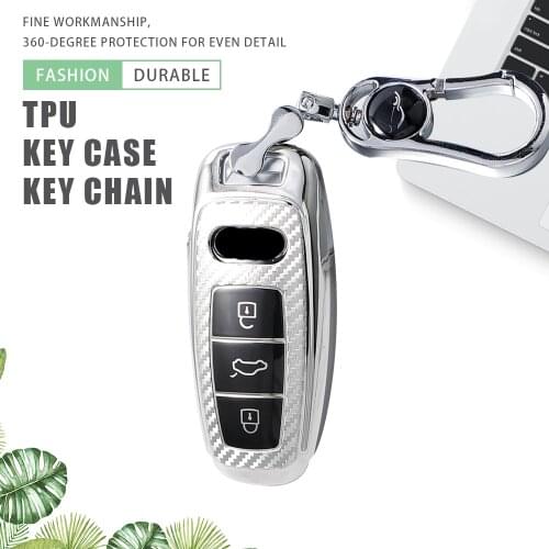 TPU Carbon Fiber Car Remote Key Case Cover Key Chain for Audi A6 A6L A7 A8 Q8 E-tron C8 D5 2019 2020 2021 Protector Accessories