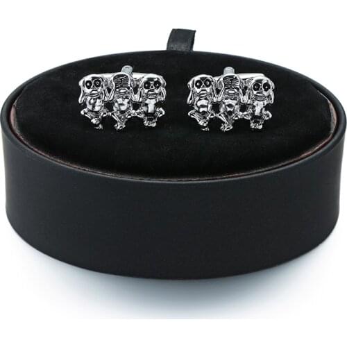 DY New Mens French Cufflinks Black Leather Box Set Mini animal three monkey Cufflinks Gift Set FREE SHIPPING