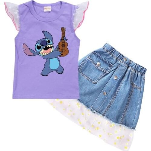 Stitch Fashion Casual Summer Hot Sale Boys and Girls Childrens Short Flying Sleeve Cartoon T-shirt Top + dress 2pcs Set