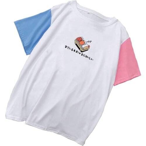 Harajuku Sushi T Shirt Women Short Sleeve Japanese Cartoon Printed Summer Casual Patchwork T-Shirt Funny Tee Cool Sweet Tops