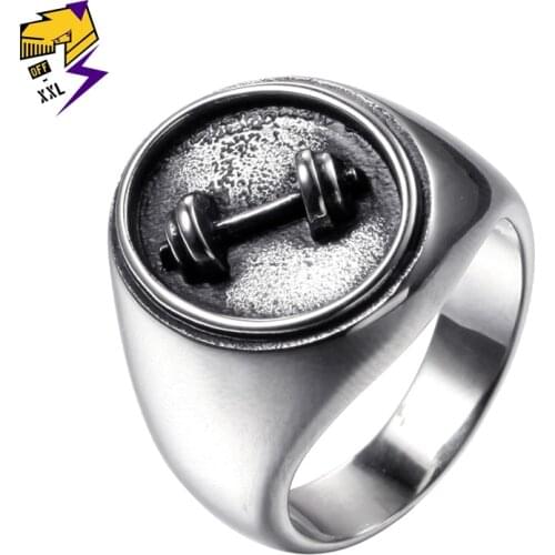 Antique Silver Stainless Steel Ring for Men Engraving Dumbbell Biker Ring Wedding Band Vintage Steampunk Jewelry Dropshipping