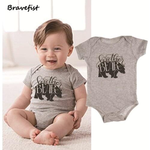 Baby Boys Girls Bodysuit Newborn Kids Little Brother Bear Print Cotton Jumpsuit Outfits Clothes 0-24Months Short Sleeve Onesie