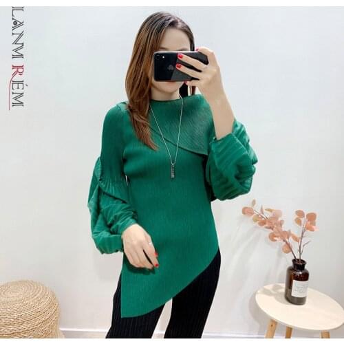LANMREM Shirt Womens Autumn Summer Long Pleated Lapel Bubble Sleeve Irregular Shirts Female Loose Casual Top 2D5015