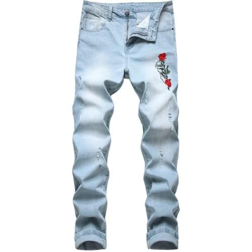 Mens stretch embroidered jeans casual light blue printed fashion denim trousers