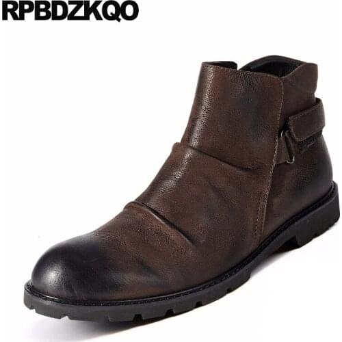 Fur Booties Vintage 2017 Round Toe Genuine Leather Full Grain Boots Brown Winter Short Autumn Shoes Ankle Male Comfortable