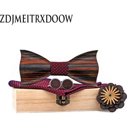 New 3D Black Strip Wooden Bow Tie Handkerchief Cufflinks Brooch Sets For Mens Wedding Wood Bowtie Accessories Gifts Box Ties