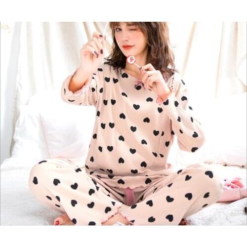 NewSpring Mother Nursing Pajamas Set Full sleeved T-shirt+Trousers Pregnant Women Pajamas Cotton Sleepwear for Postpartum mother