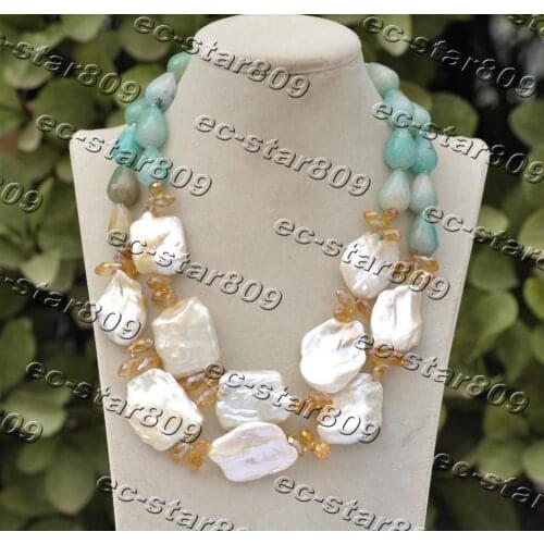 Z11424 2Row 18" 30mm White Square Coin Pearl Drop Faceted Amazon-stone Crystal Necklace
