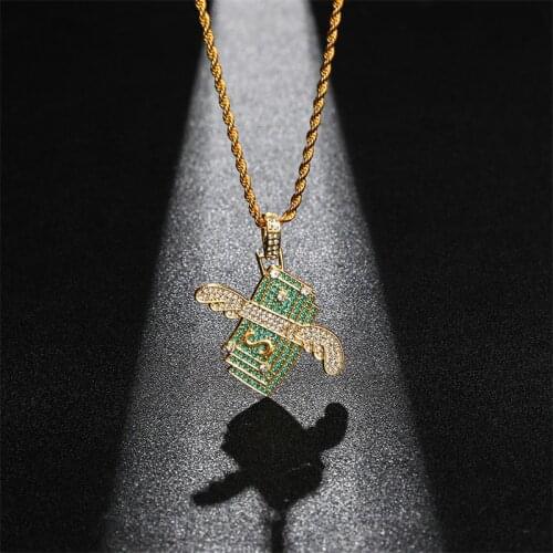 Flying Money Necklace Wings Cash Pendant Mens Jewelry Punk Hip Hop Rock Style Rap Dancer Handsome Guy Accessories Cool Gifts