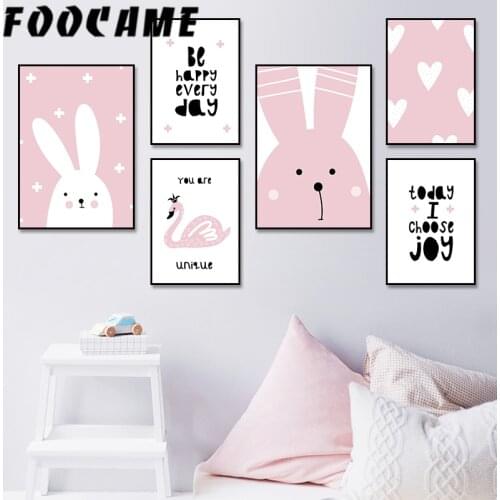 Pink Swan Rabbit Cartoon Nursery Girl Wall Picture Poster Print Baby Room Modern Canvas Painting Kids Children Wall Art Mural