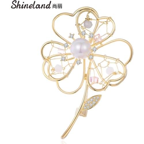 Shineland Ladies Simulated Pearl Metal Hollow Flower Brooch Pin Cardigan Shirt Shawl Pin Coat Badge Women Jewelry Accessories
