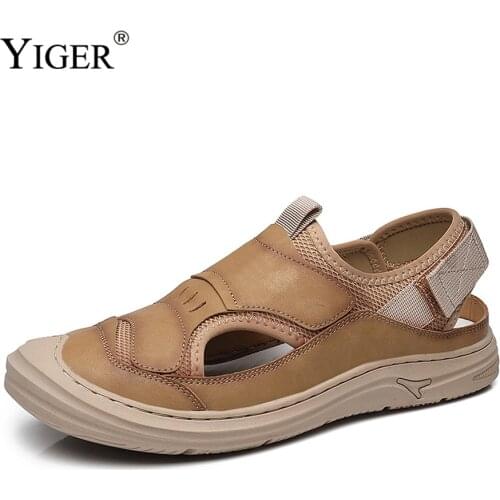 YIGER Man Sandals 2021 summer new mens hole shoes leather Beach shoes driving shoes Anti-collision shoes Velcro sandals Brand