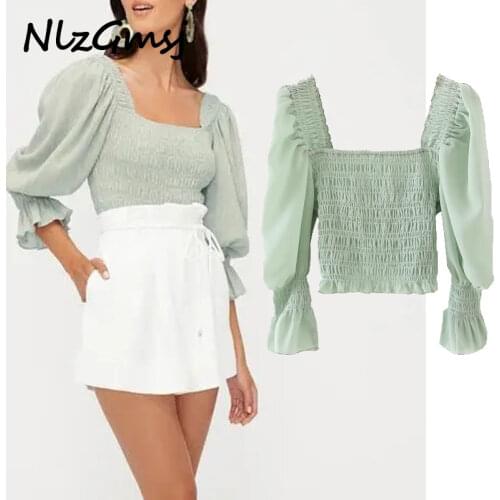 Nlzgmsj Za Blouse Women Women Square Collar Elastic Short Blouse Female Blouse Female Puff Sleeve Shirt Chic Blusas Tops 202103